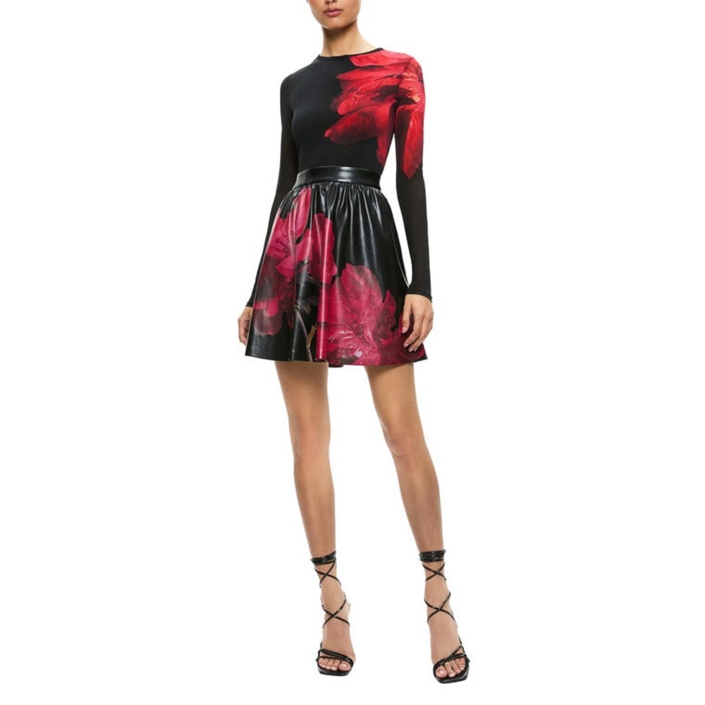 Alice + Olivia Chara Vegan Leather Crew Neck Long Sleeve Gathered Dress
